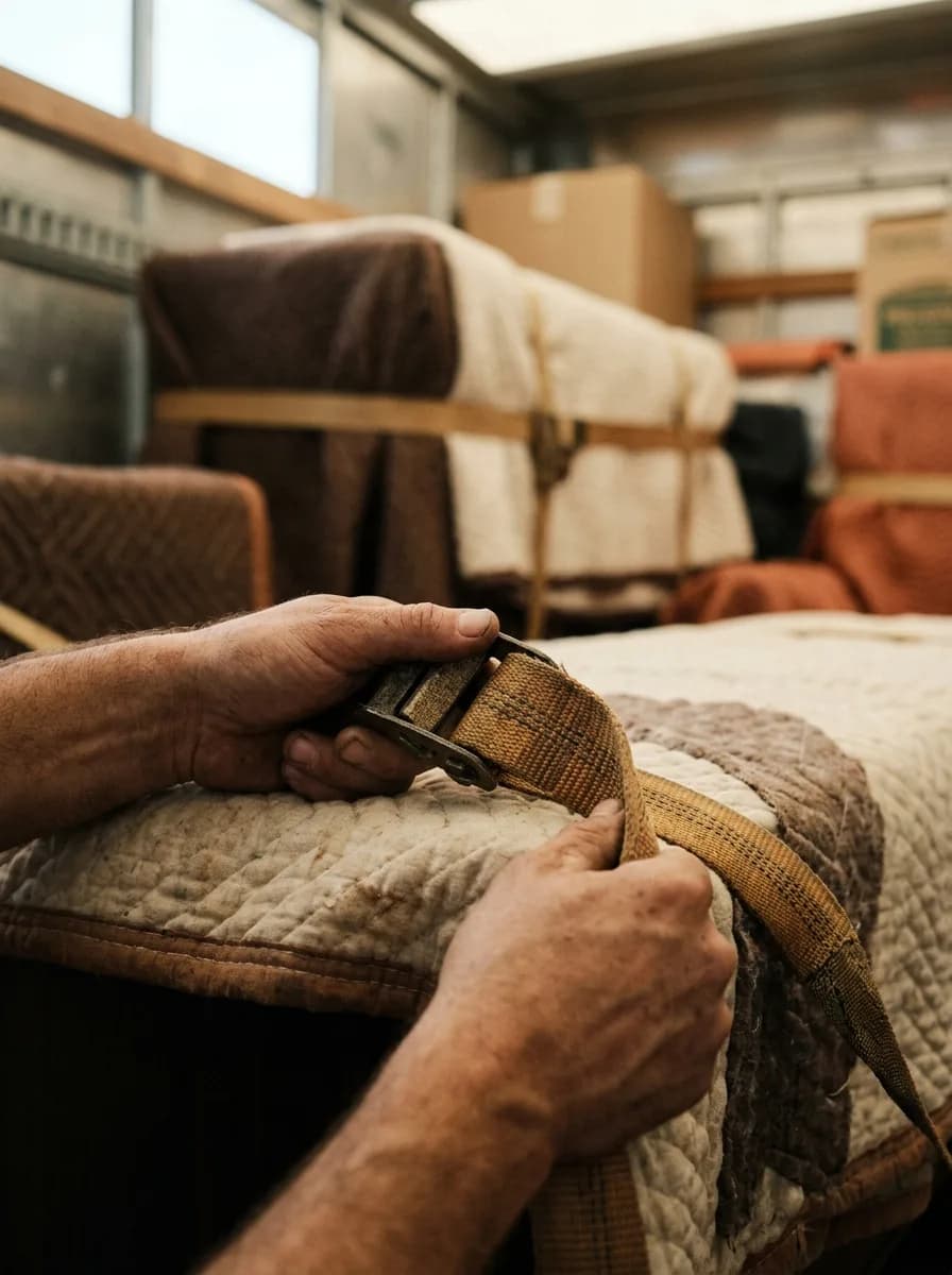Sangle serrée et couverture sur un meuble calé dans le camion