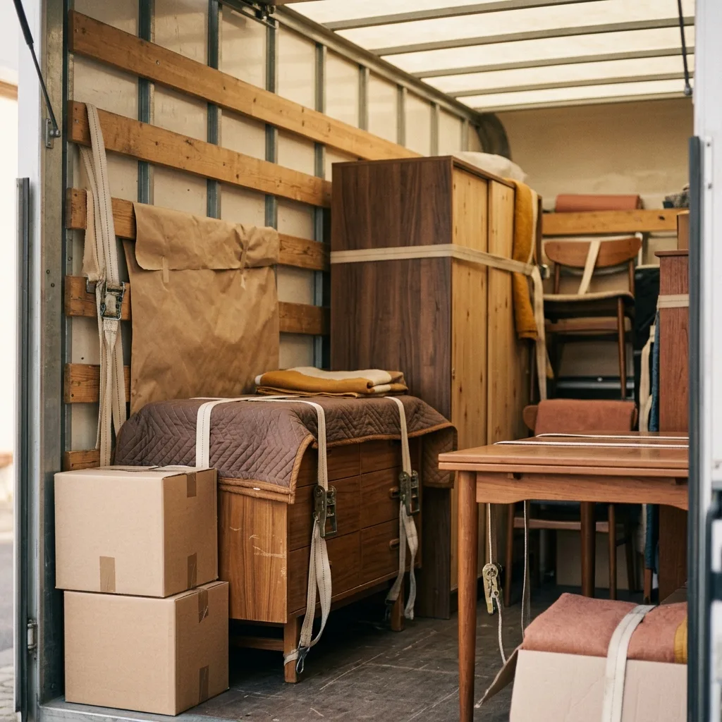 Intérieur d'un camion rangé, mobilier sanglé et protégé