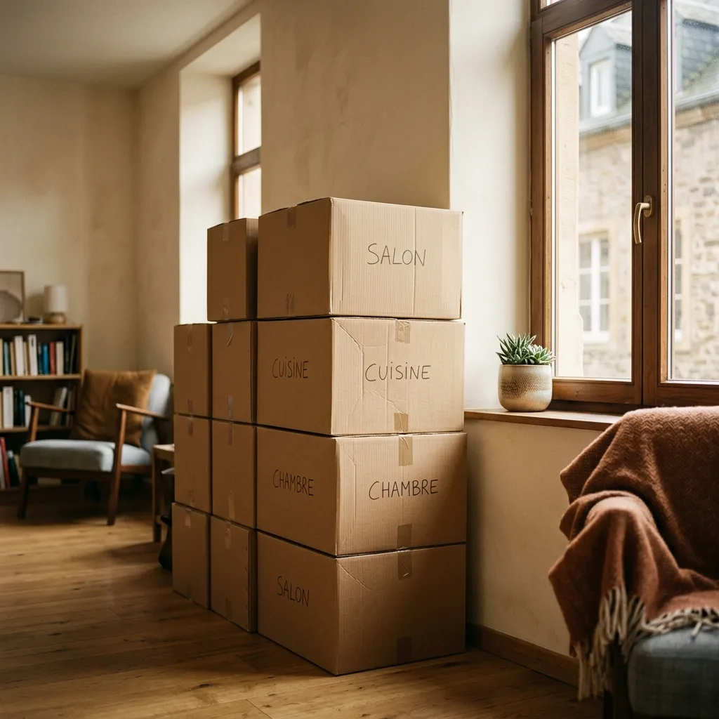 Cartons kraft étiquetés par pièce, prêts au chargement