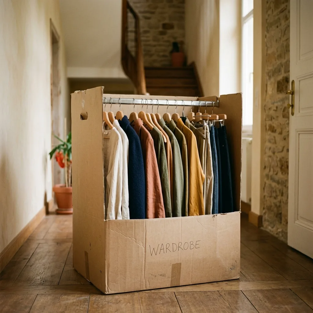 Penderie mobile remplie de vêtements sur cintres