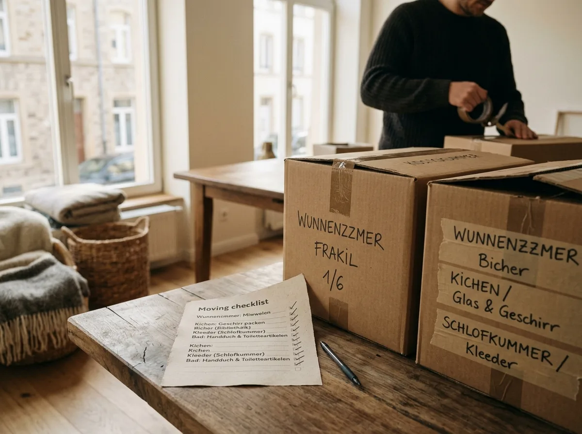 Liste de déménagement cochée à côté de cartons étiquetés