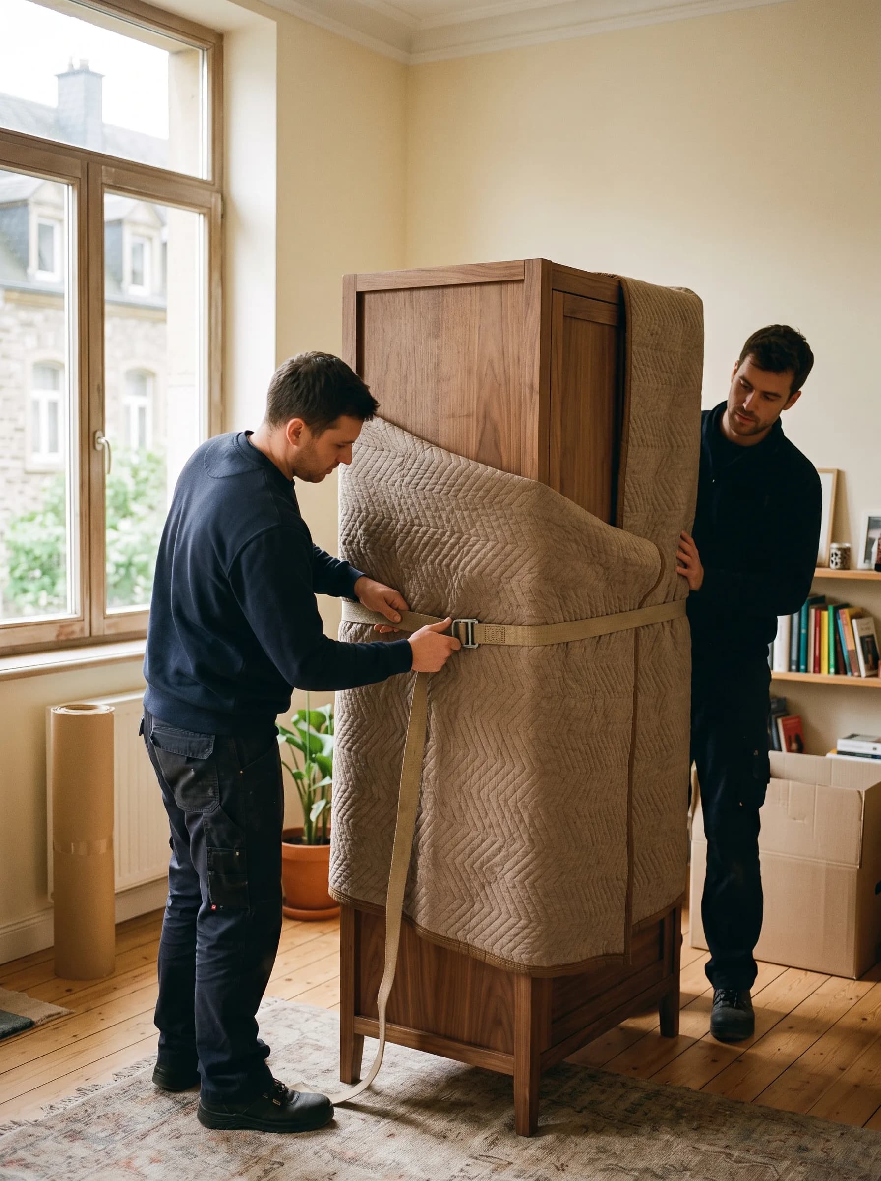 Déménageurs de La Maison protégeant un meuble d'une couverture dans un intérieur à Mersch