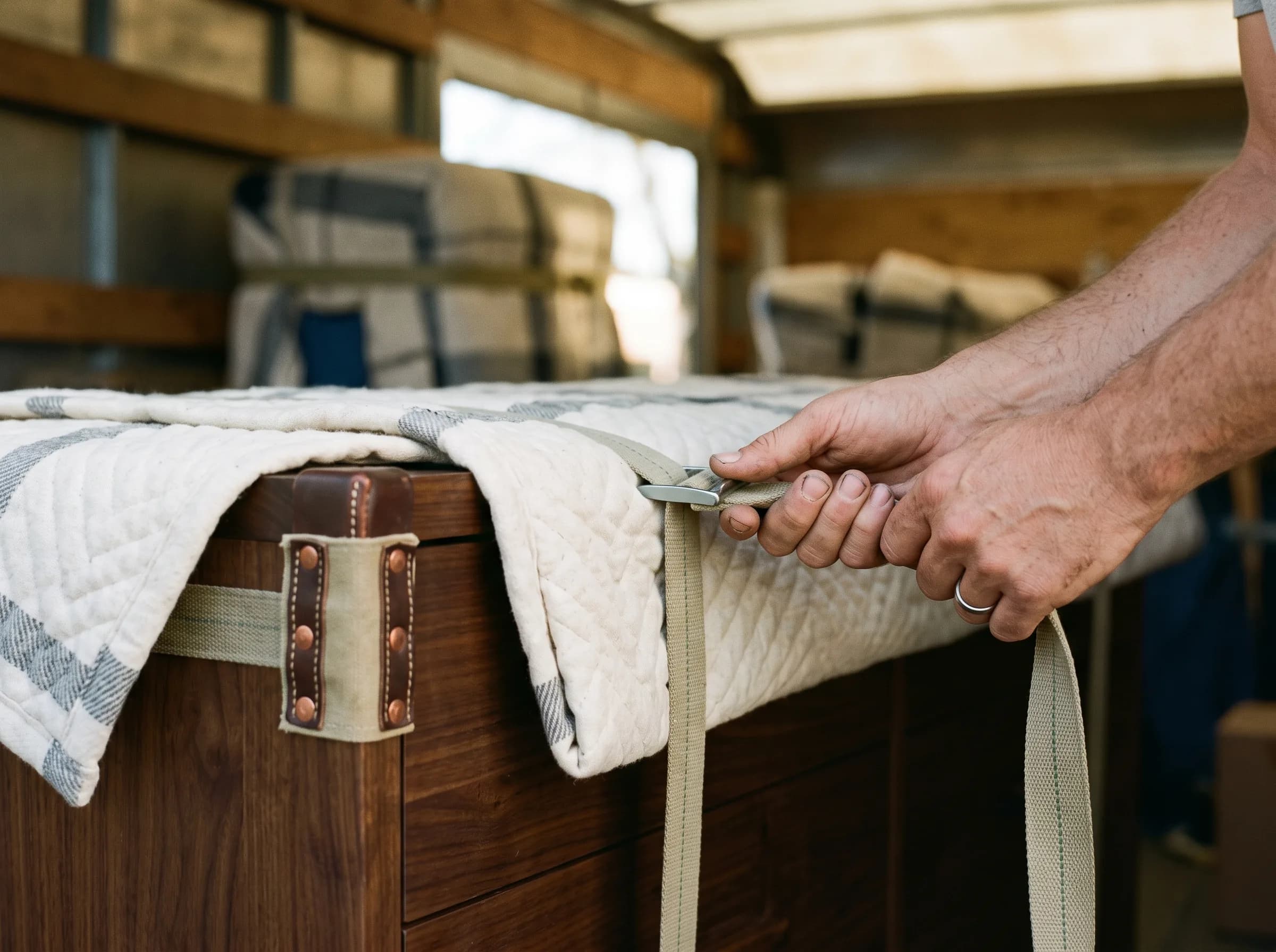 Meuble protégé par une couverture et sanglé dans un camion de déménagement