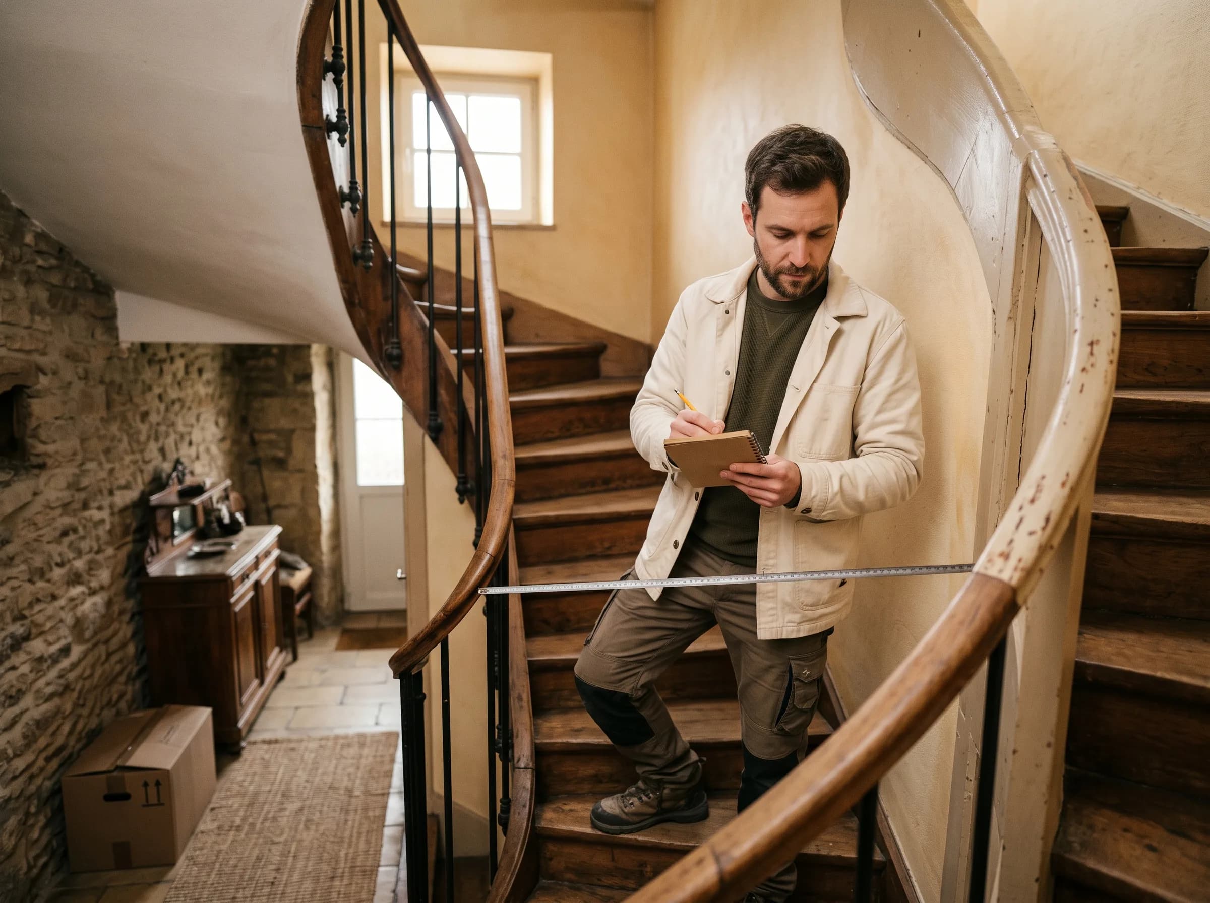 Chef d'équipe qui mesure une cage d'escalier avec un carnet, lors du repérage
