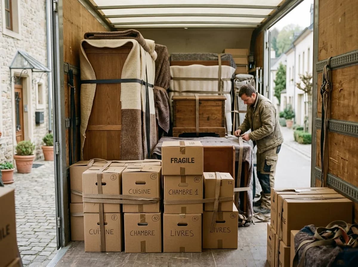 Penderies mobiles et cartons étiquetés dans un camion rangé