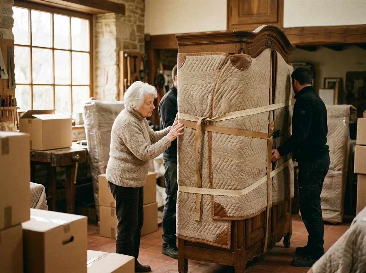 Meubles anciens emballés sous couverture, déménagement de senior à Mersch