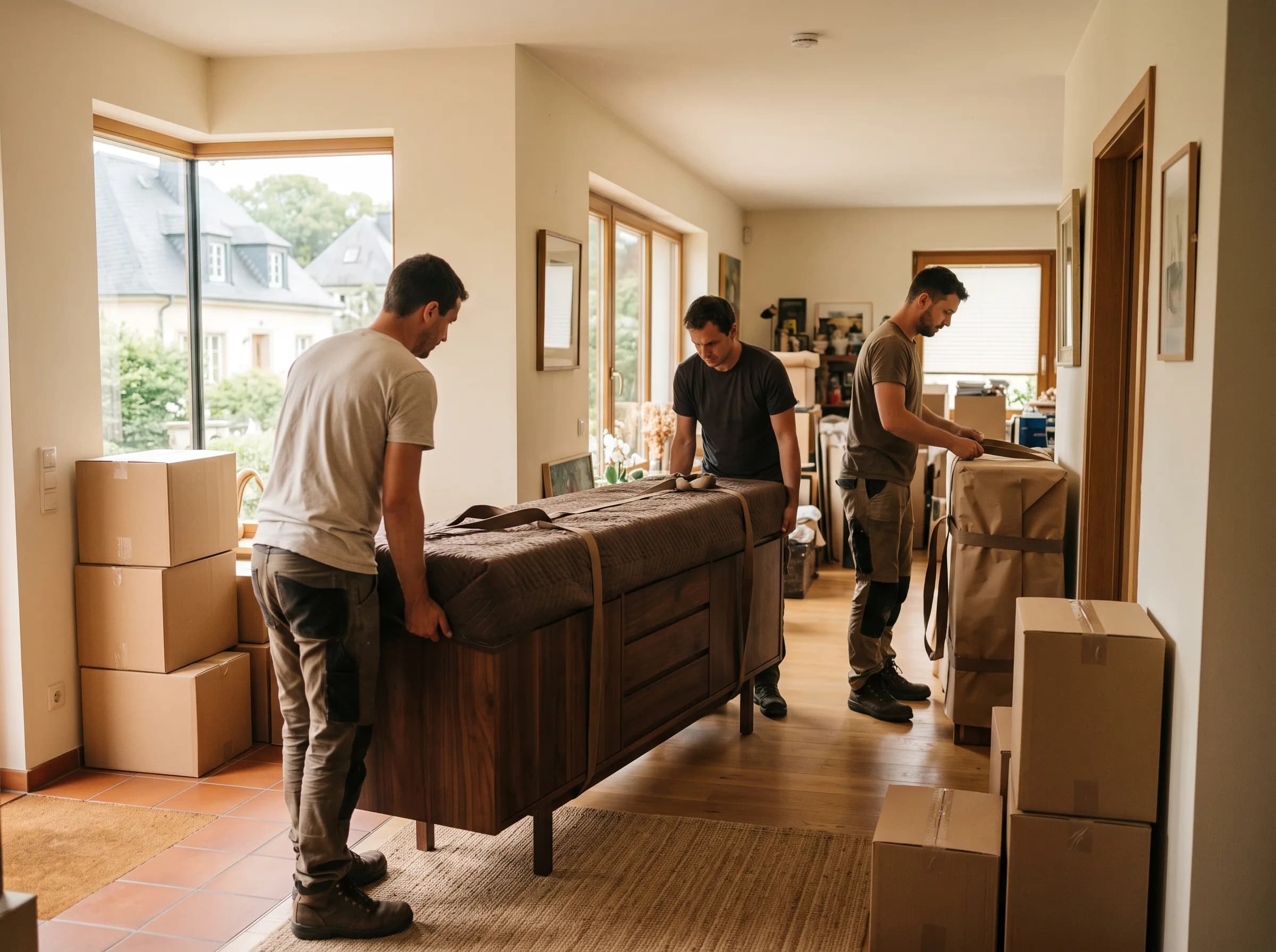 Déménageurs de La Maison qui portent une armoire protégée d'une couverture, à Mersch