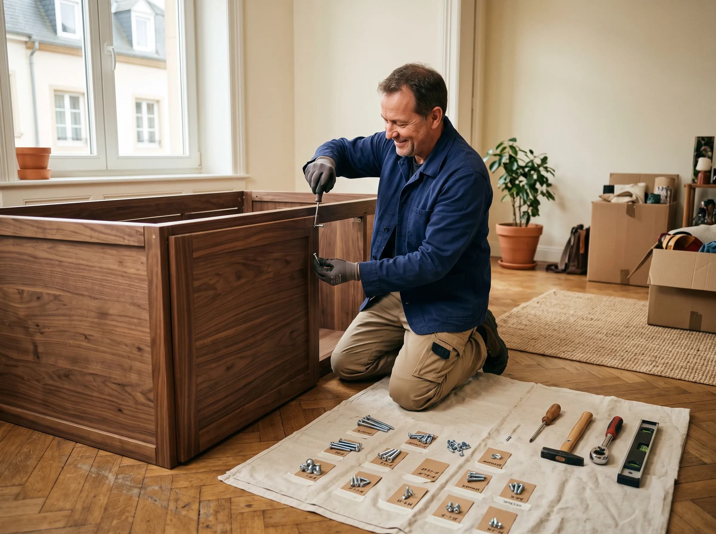 Déménageur remontant une armoire avec visserie étiquetée à l'arrivée
