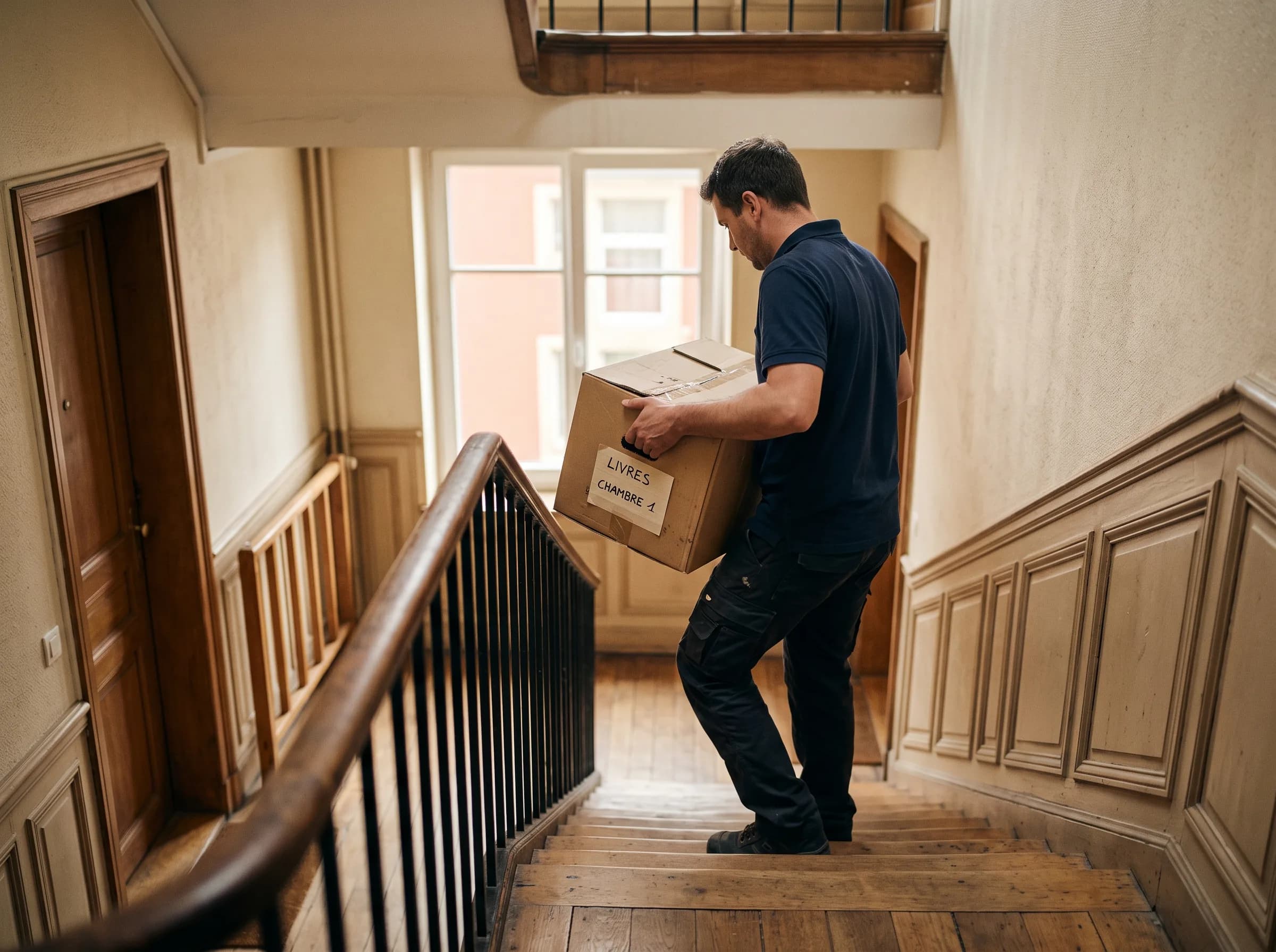 Déménageur portant un carton étiqueté dans un escalier d'immeuble à Luxembourg-Ville