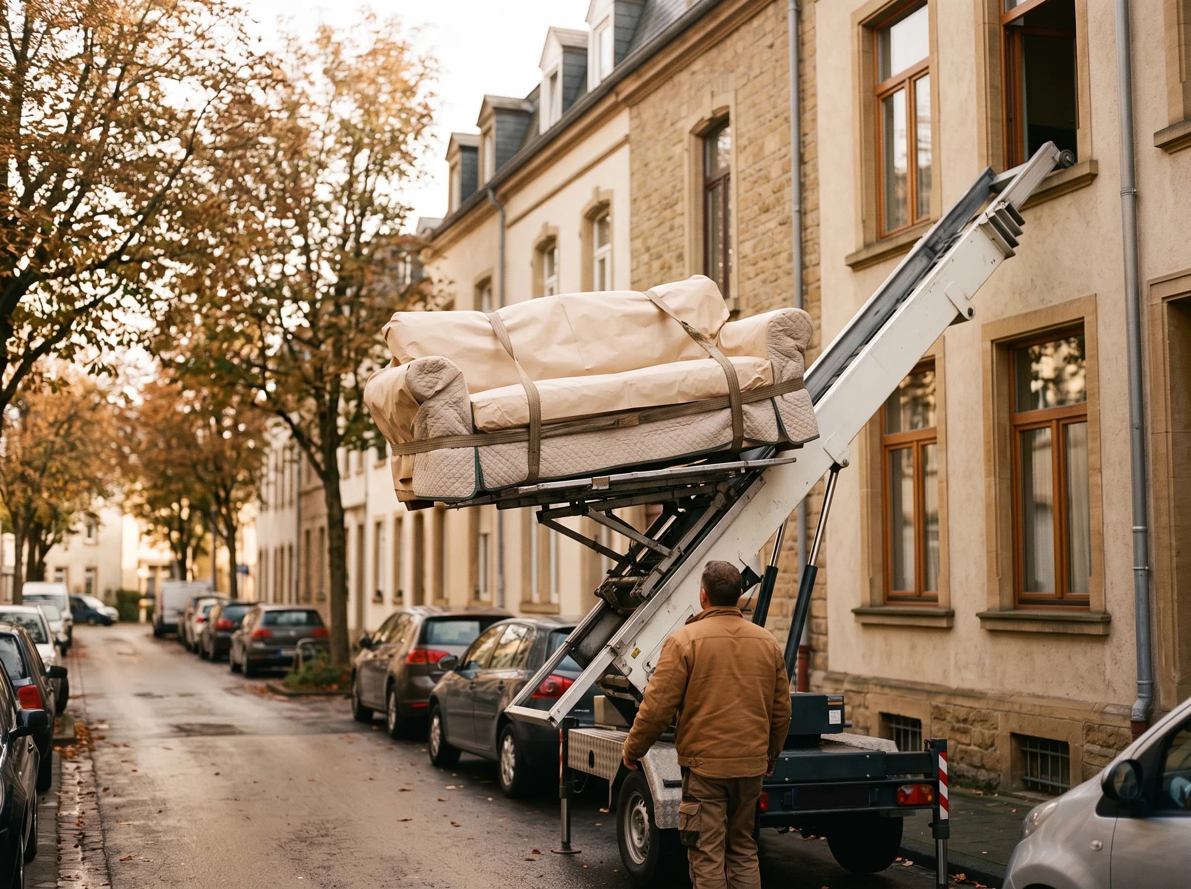 Monte-meubles hissant un canapé vers un étage à Luxembourg-Ville
