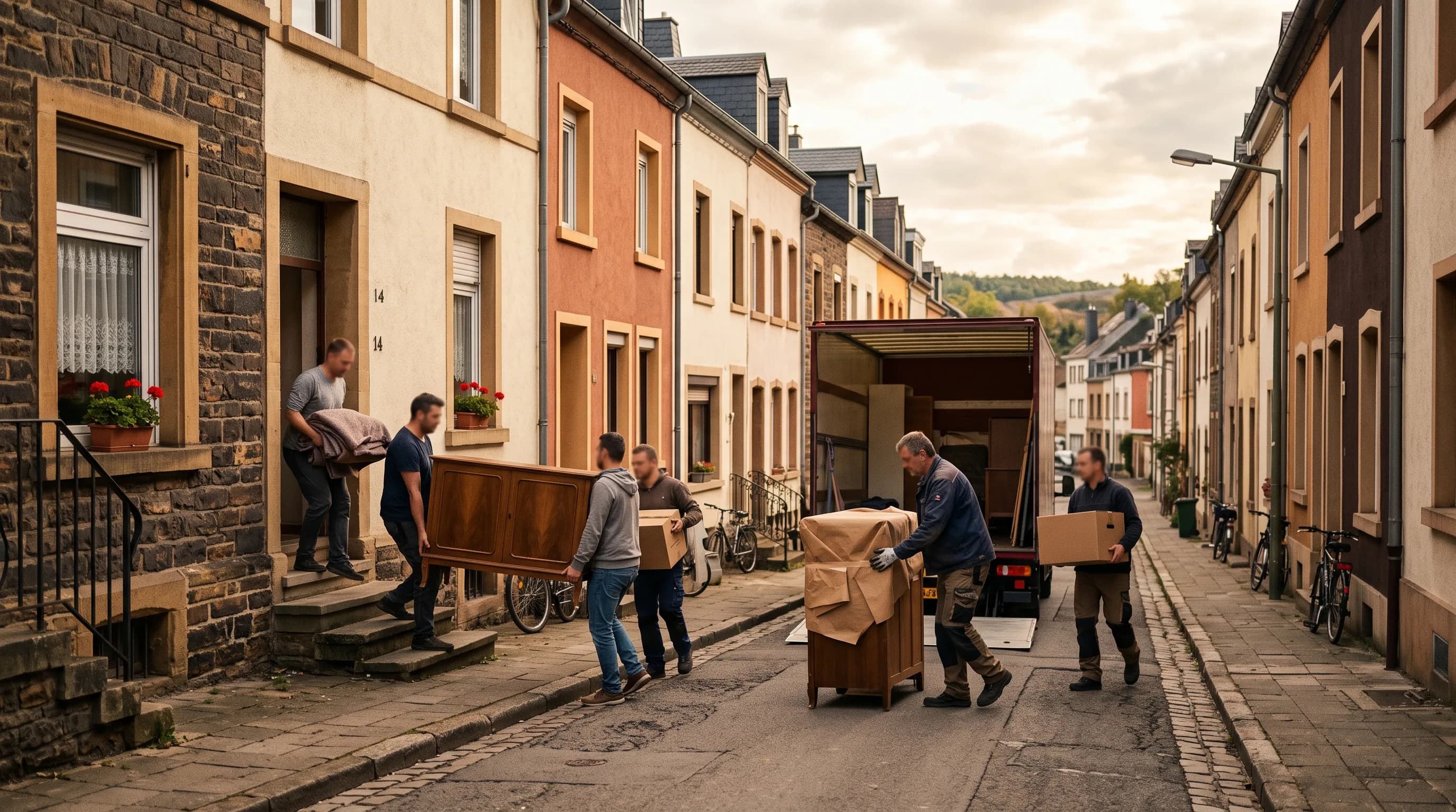 Rue résidentielle de Differdange avec déménageurs au travail